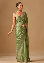 Olive Green Tissue Silk Saree With Stone Embroidery
