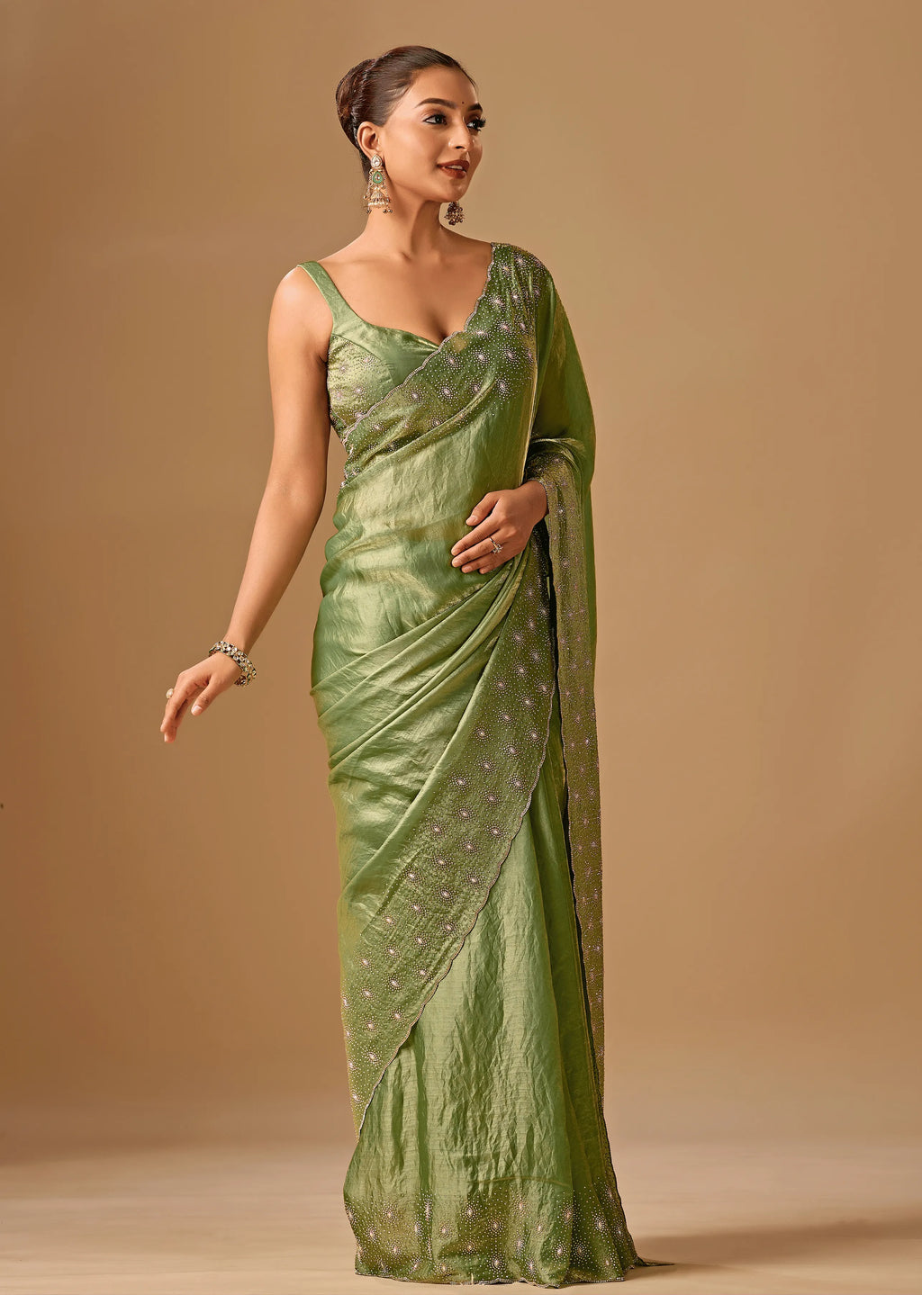 Olive Green Tissue Silk Saree Blouse Design - Traditional Wear Saree