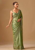 Olive Green Tissue Silk Saree Blouse Design - Traditional Wear Saree
