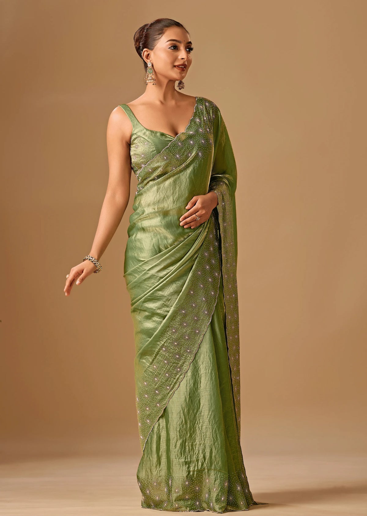 Olive Green Tissue Silk Saree Blouse Design - Traditional Wear Saree