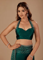 Bottle Green Tissue Silk Saree Blouse Close Up - Stone Work Detailing