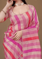 Pink Organza Saree With Striped Print