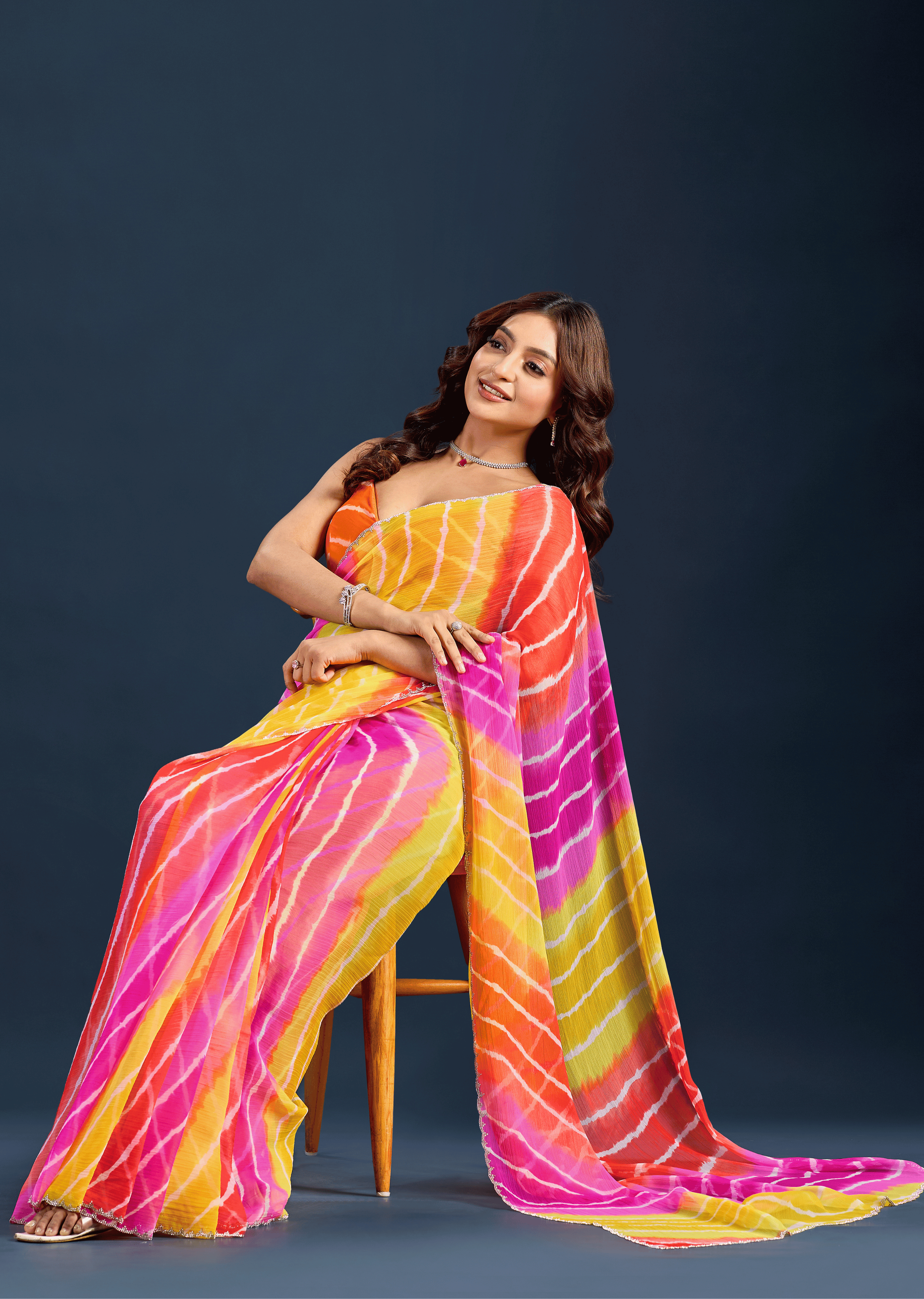 Orange Chiffon Saree With Leheriya Print