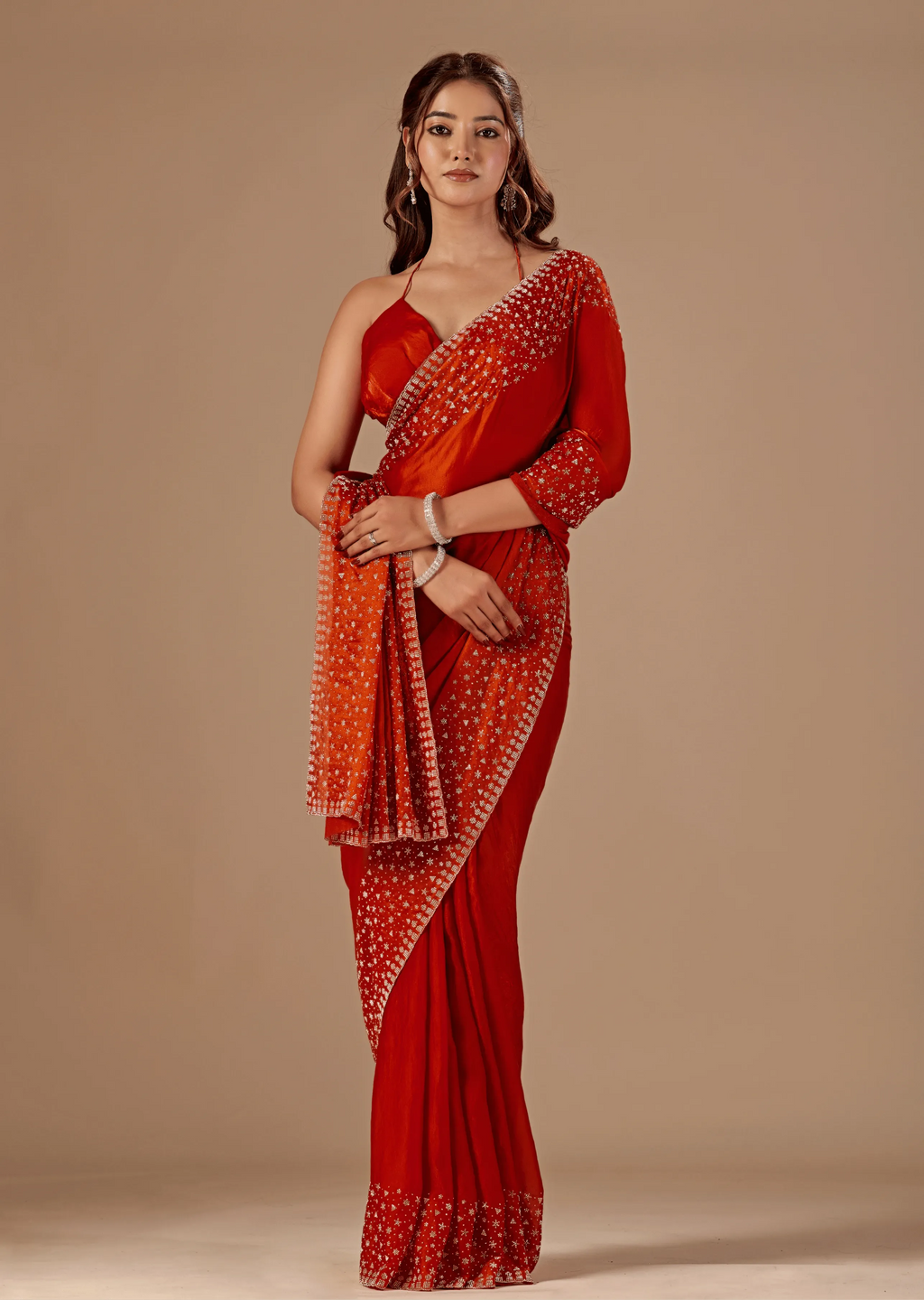 Burnt Orange Tissue Silk Saree With Stone Work - Front Look | Buy On Ethnic9