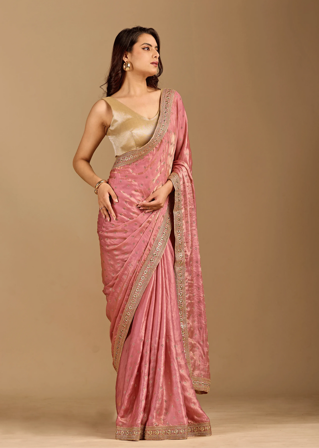 Rose Pink Tissue Silk Saree With Crystal Stone Border