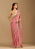 Rose Pink Tissue Silk Saree With Crystal Stone Border