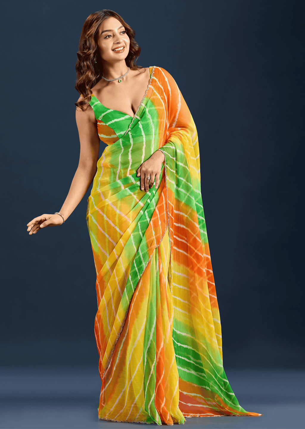 Multicolor Chiffon Saree With Leheriya Print