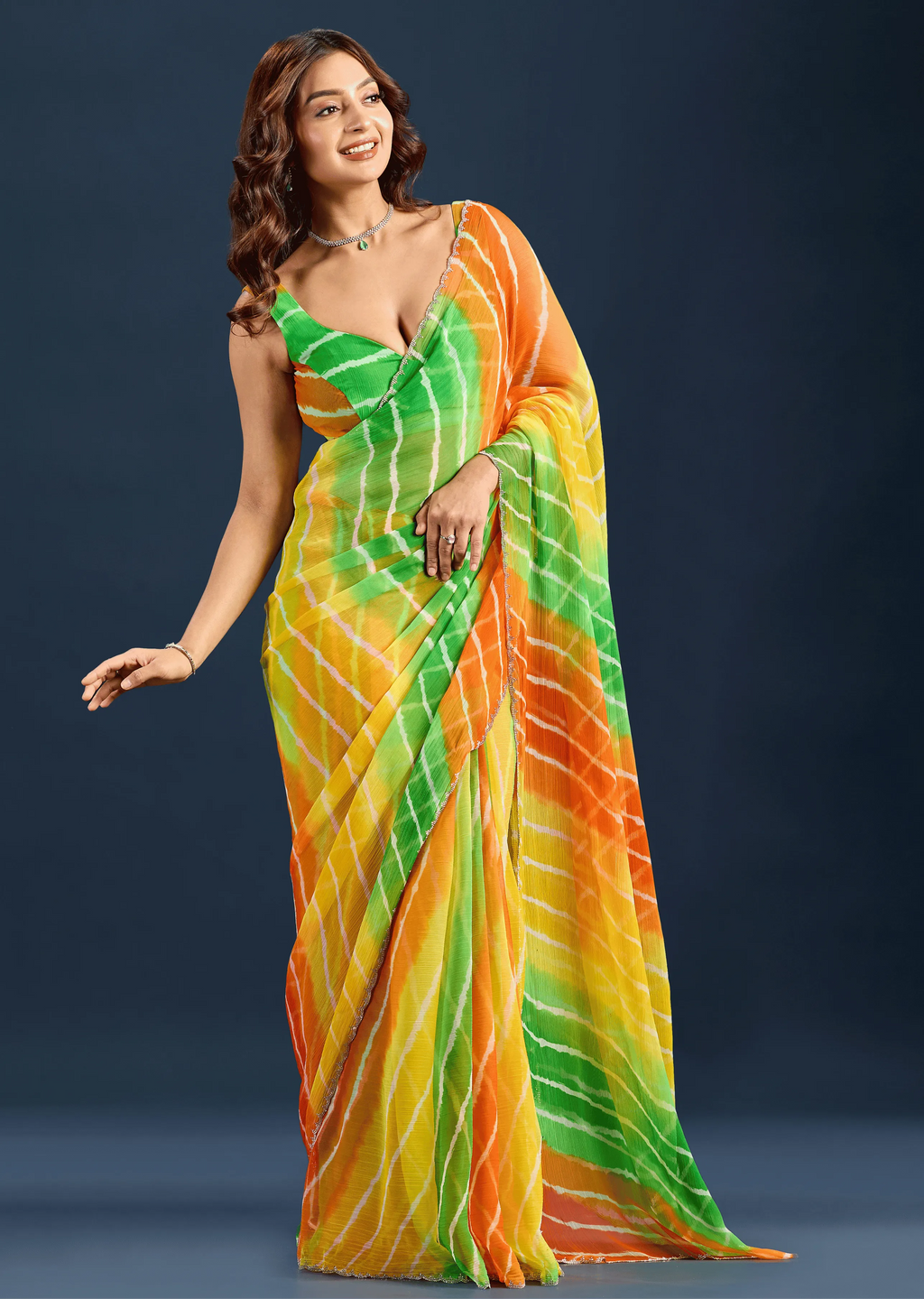 Multicolor Chiffon Saree Pallu Detail - Stone Embellished Border