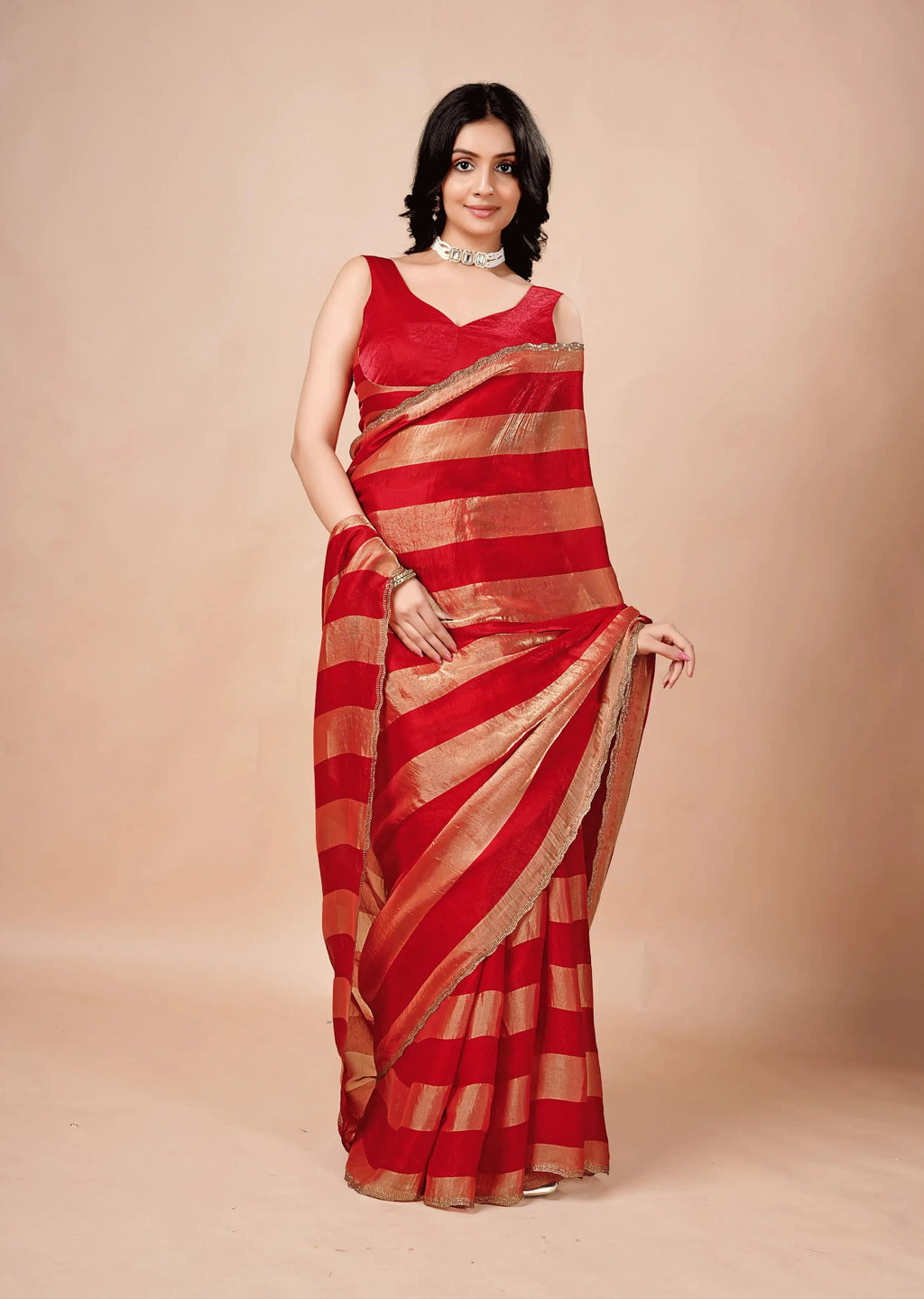 Crimson Red Tissue Silk Saree With Metallic Stripe Work