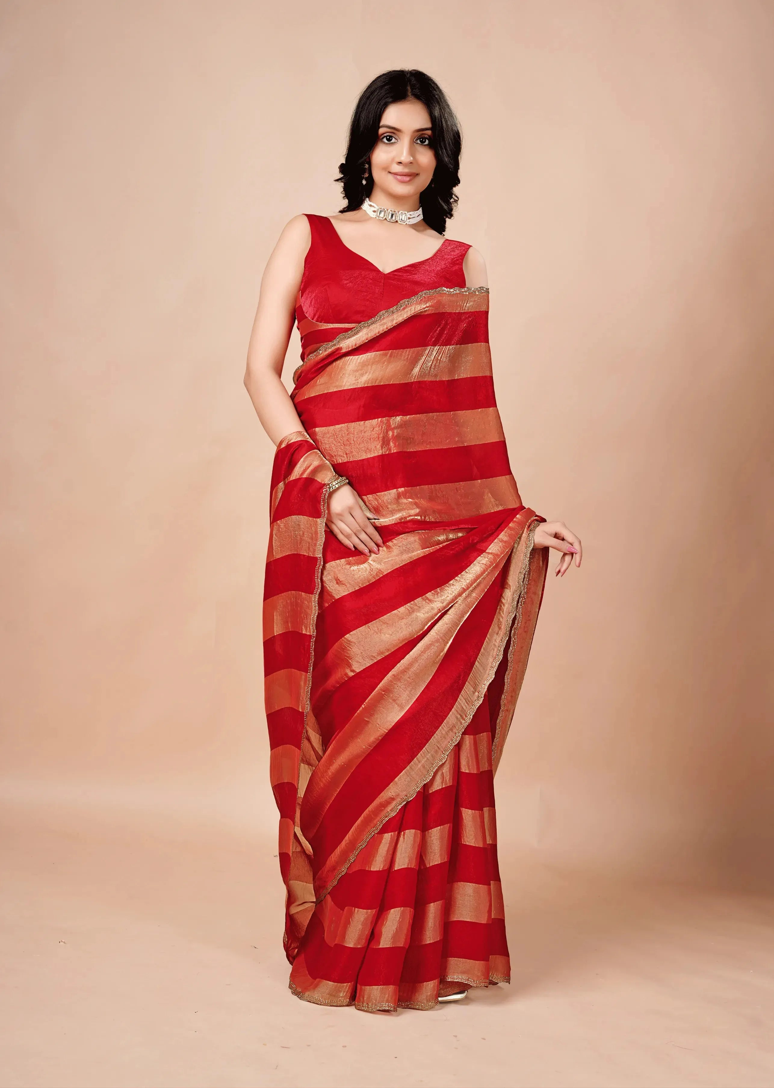Crimson Red Tissue Silk Saree With Metallic Stripe Work