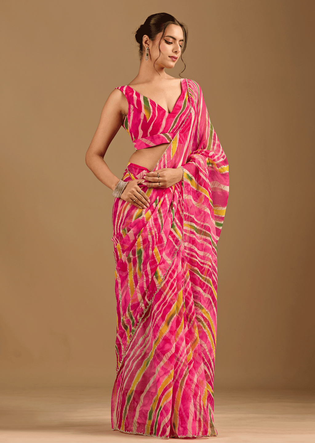 Rani Pink Chiffon Saree With Stone Work
