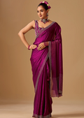 Magenta Purple Tissue Silk Saree With Crystal Stone Border