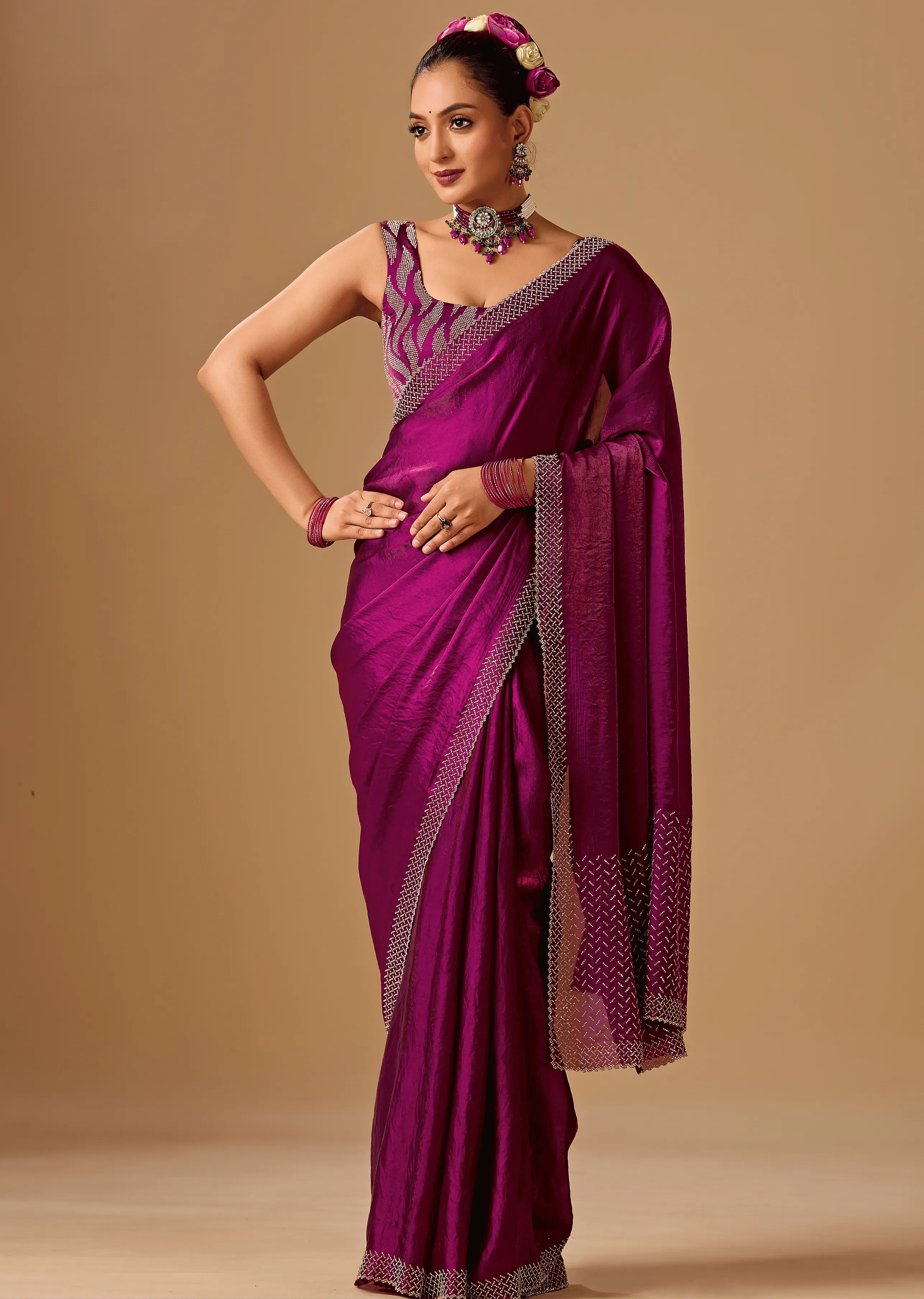 Magenta Purple Tissue Silk Saree With Crystal Stone Border