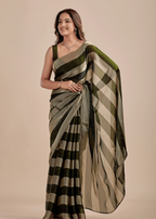Olive Green Tissue Silk Saree With Metallic Stripe Weave