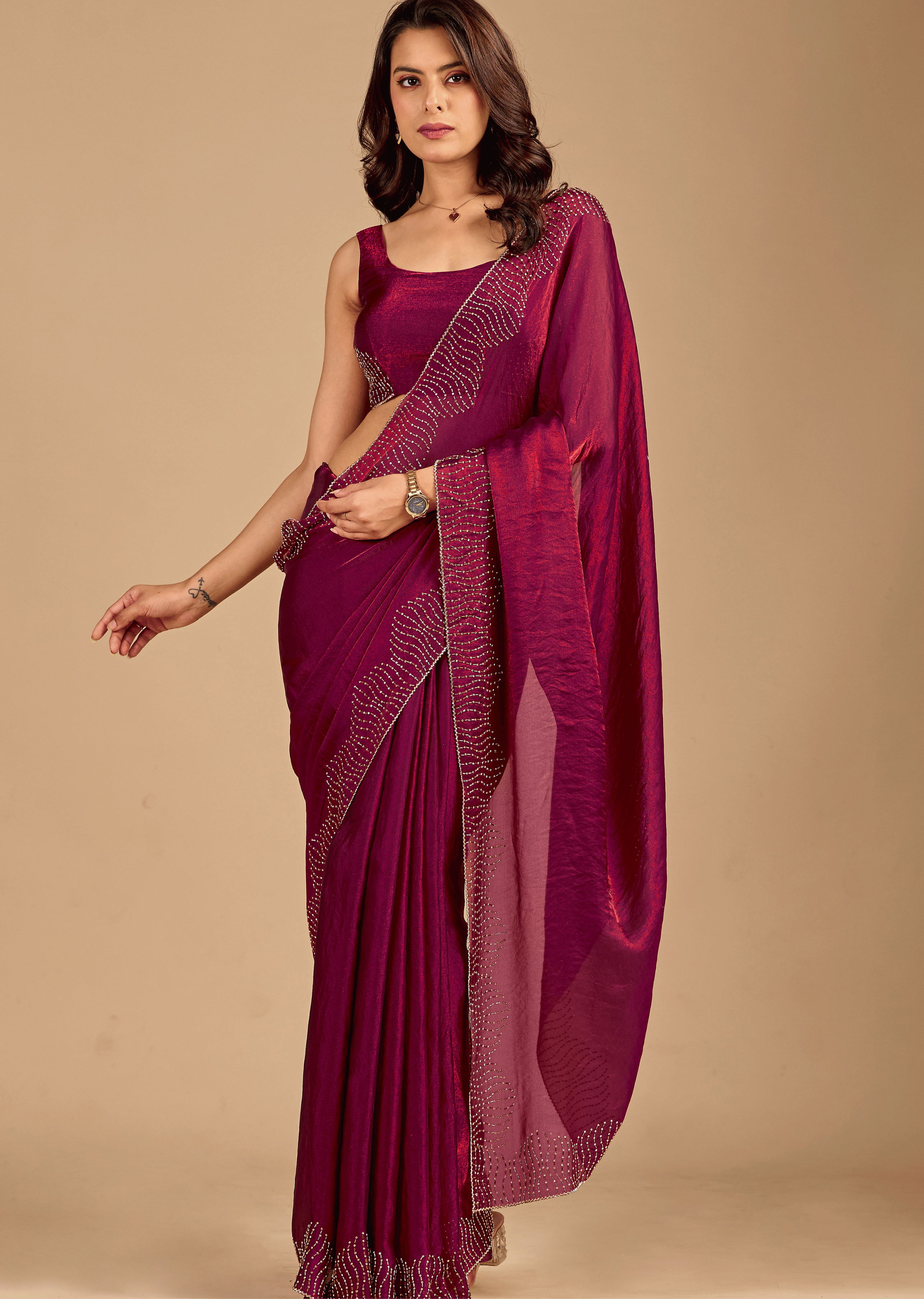 Wine Tissue Silk Saree With Stone Work