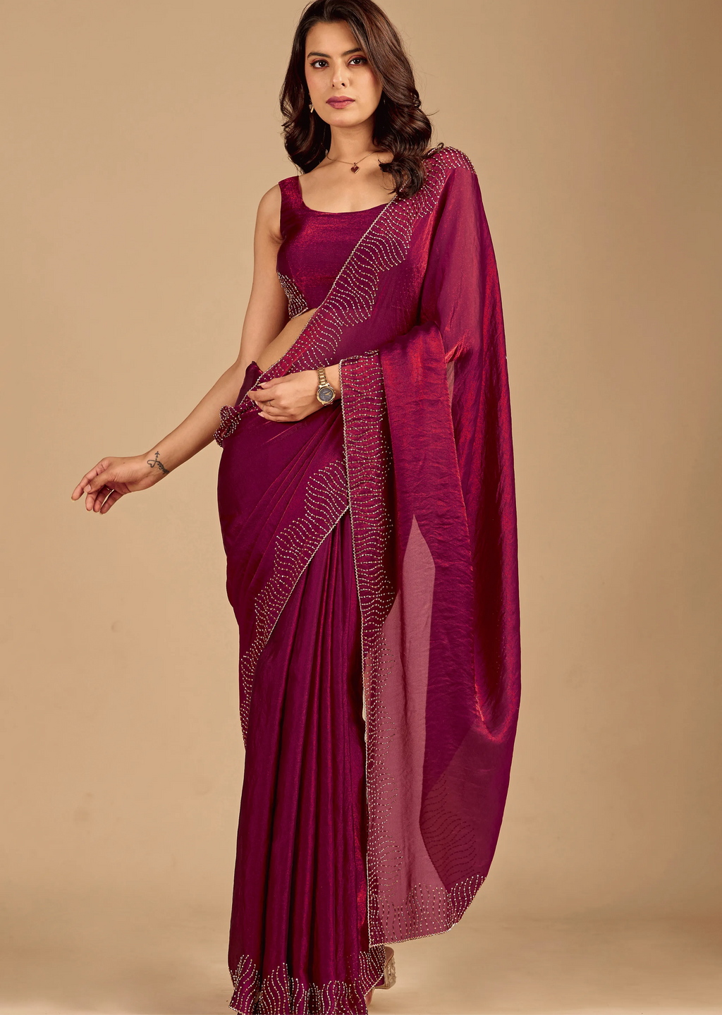 Wine Tissue Silk Saree With Stone Work - Front Look | Buy On Ethnic9