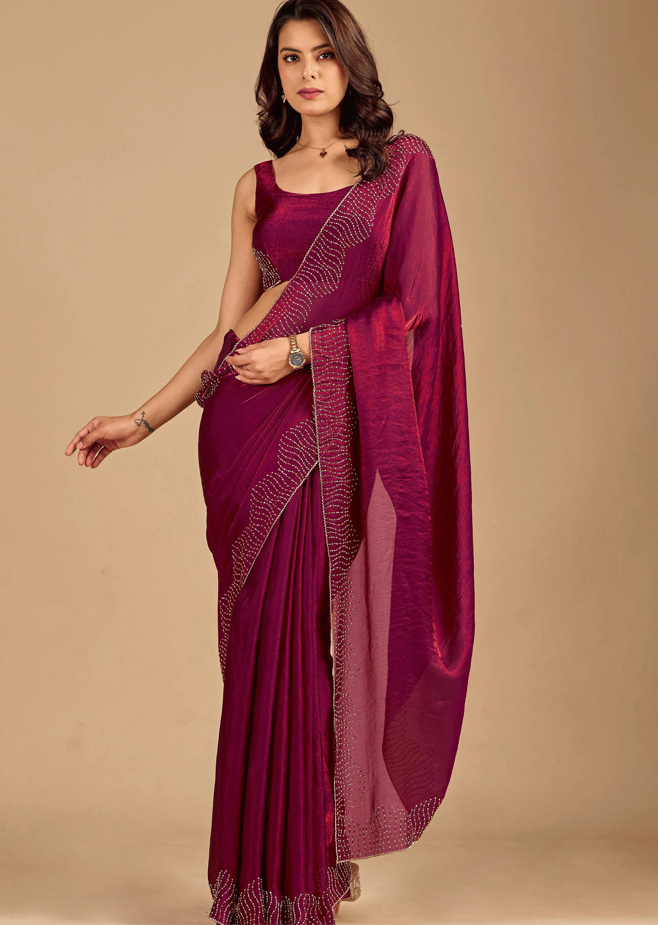 Wine Tissue Silk Saree With Stone Work - Front Look | Buy On Ethnic9