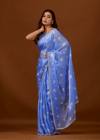 Sky Blue Organza Silk Saree With Heart Print & Stone Work