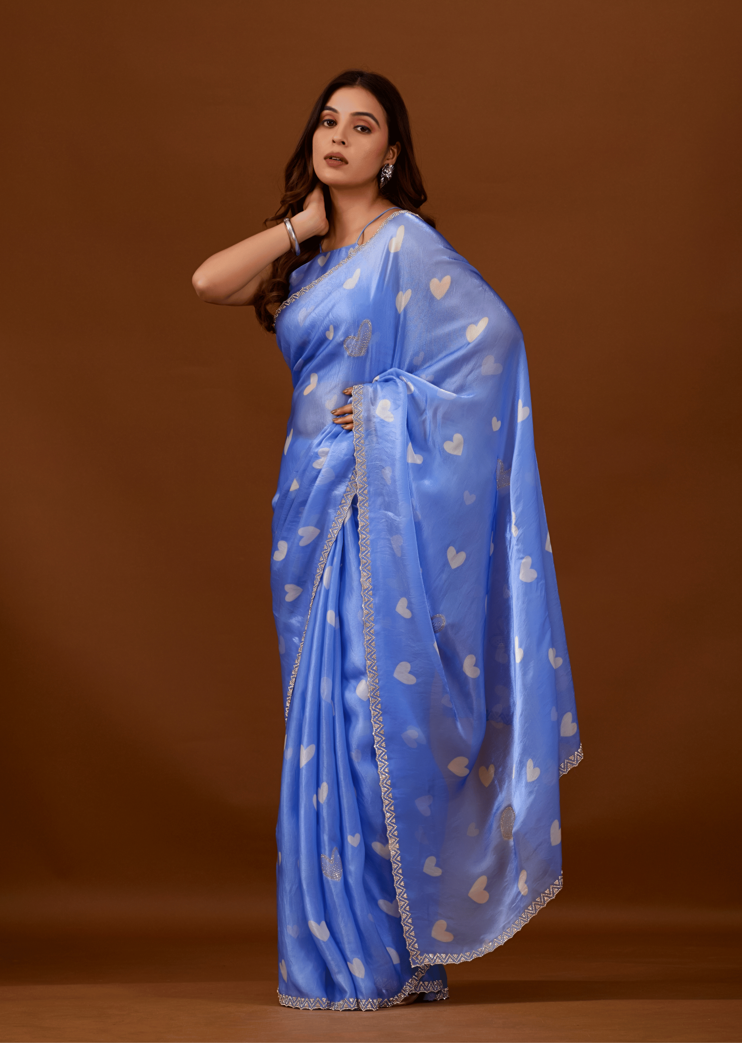 Sky Blue Organza Silk Saree With Heart Print & Stone Work