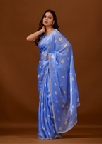 Sky Blue Organza Silk Saree Blouse Close Up - Embellished Border Detail