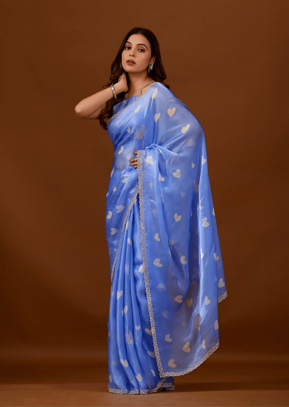 Sky Blue Organza Silk Saree Blouse Close Up - Embellished Border Detail