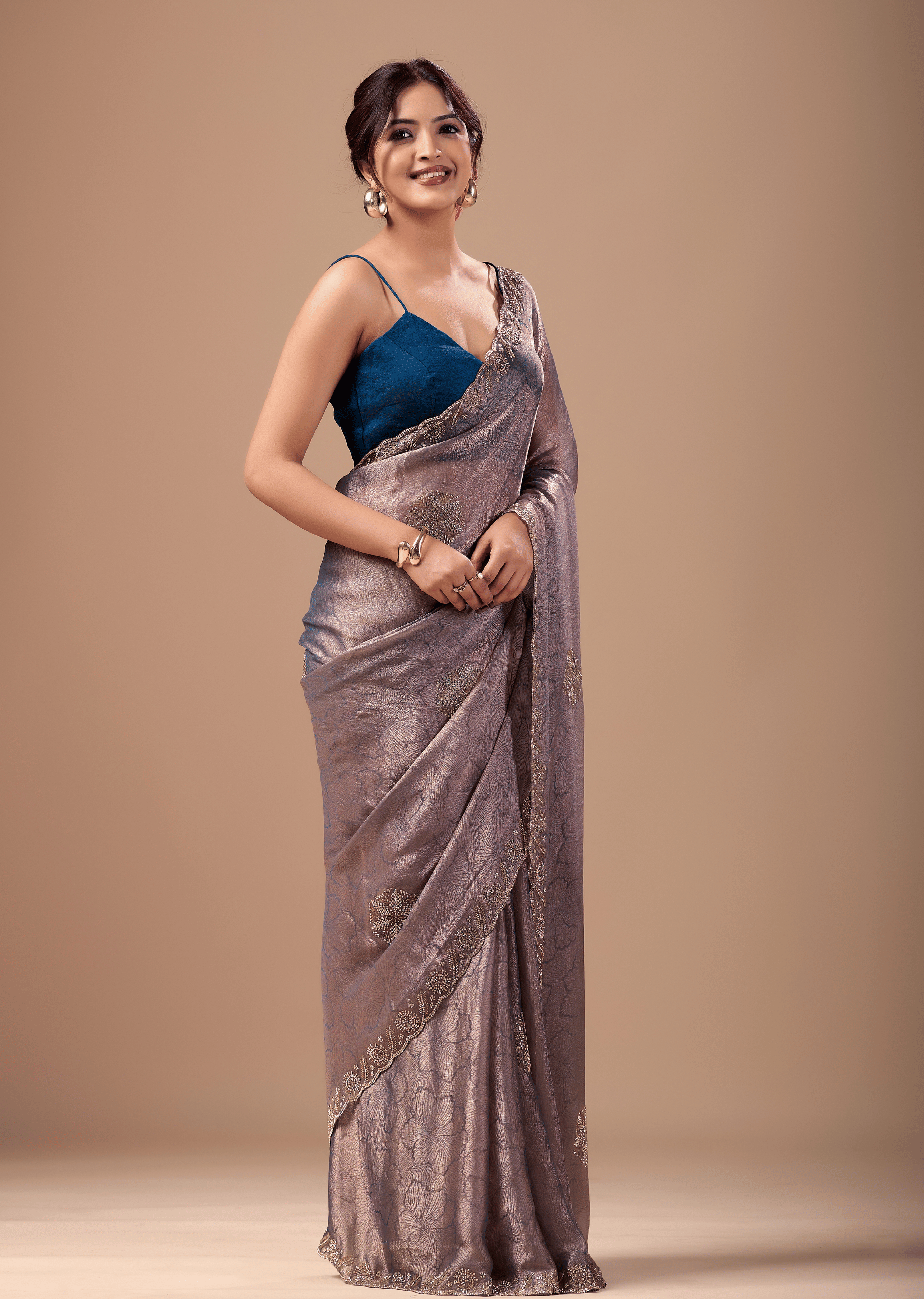 Dusty Mauve Jacquard Saree With Cutdana Stone Work