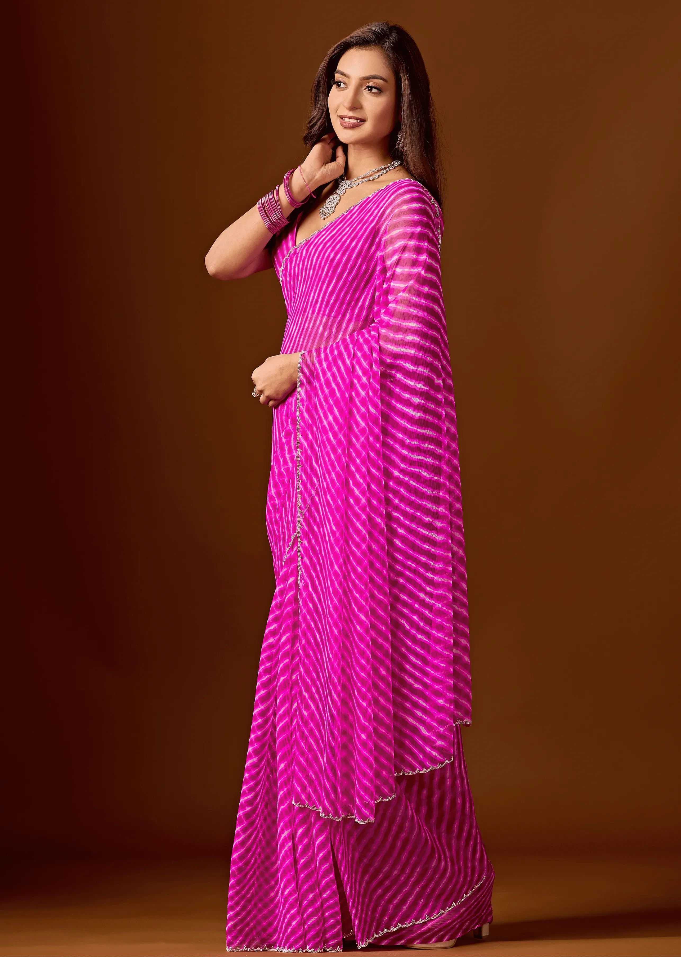 Rani Pink Chiffon Saree Draped Look - Leheriya Print Design