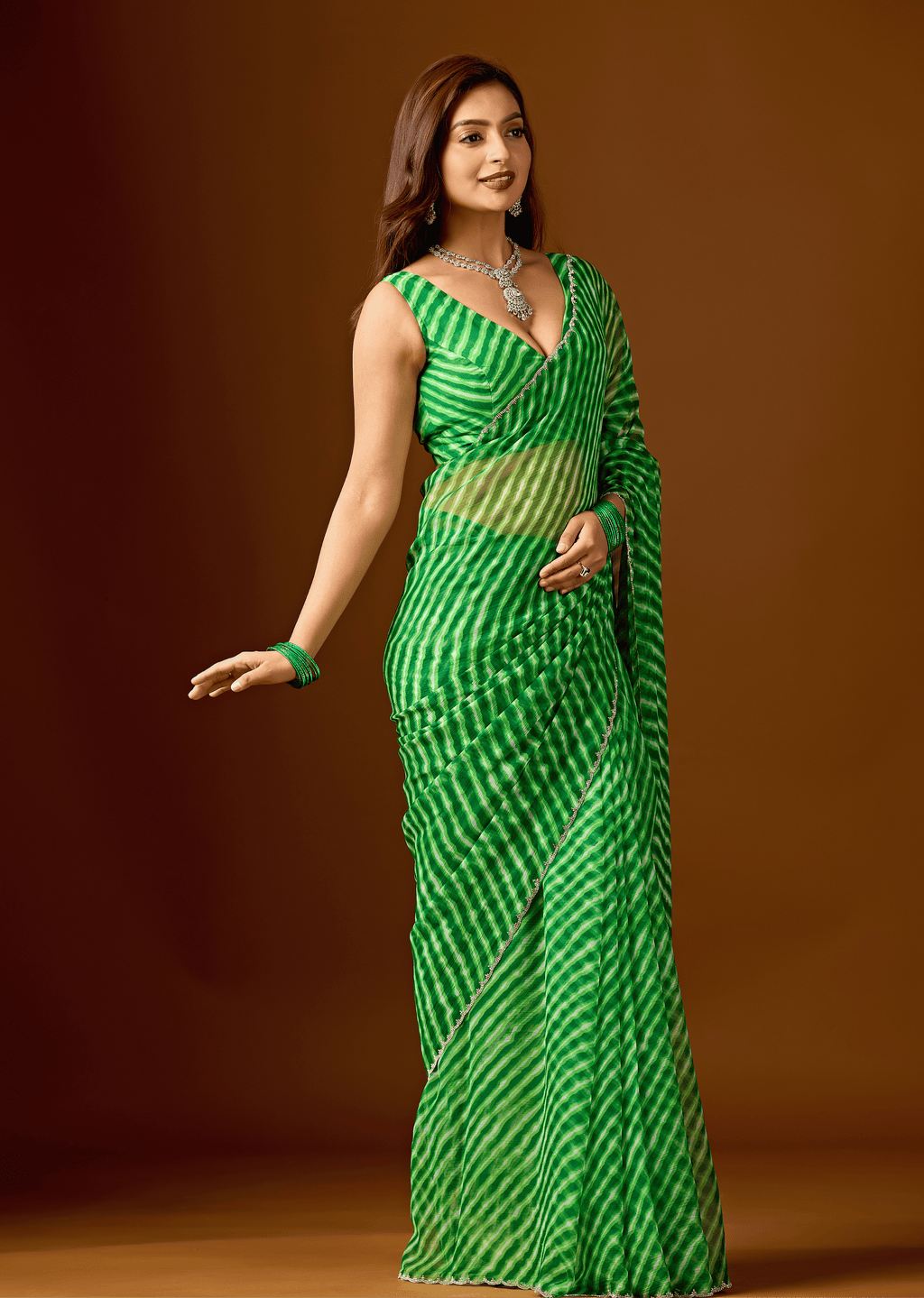 Lime Green Chiffon Saree With Leheriya Print