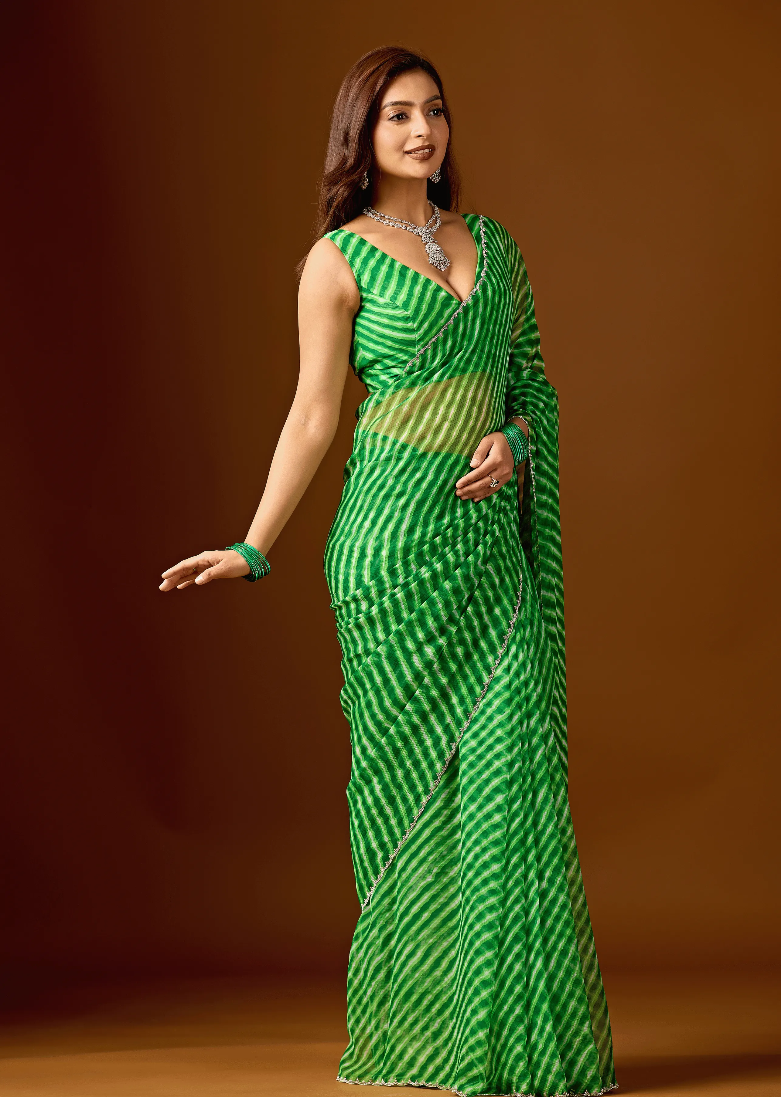 Lime Green Chiffon Saree Side Pose - Festive Wear Saree