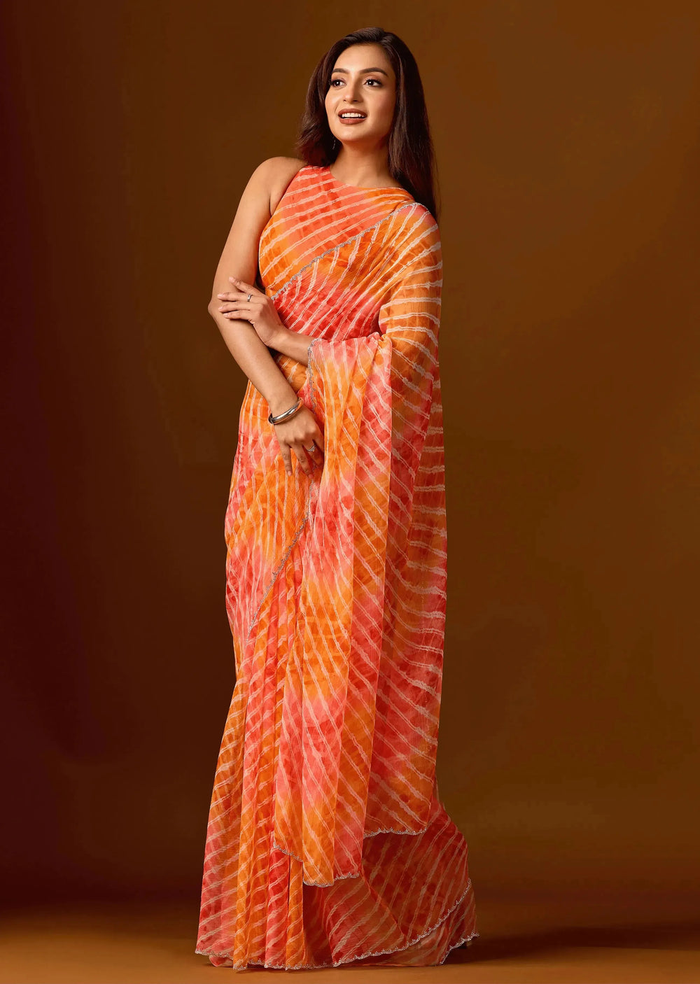 Sunset Orange Chiffon Saree With Shibori Print - Photo 5 | Buy Online Ethnic9