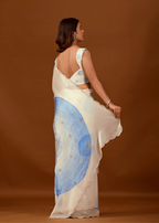 Off White Organza Silk Saree Back Pose - Foil Print Detail