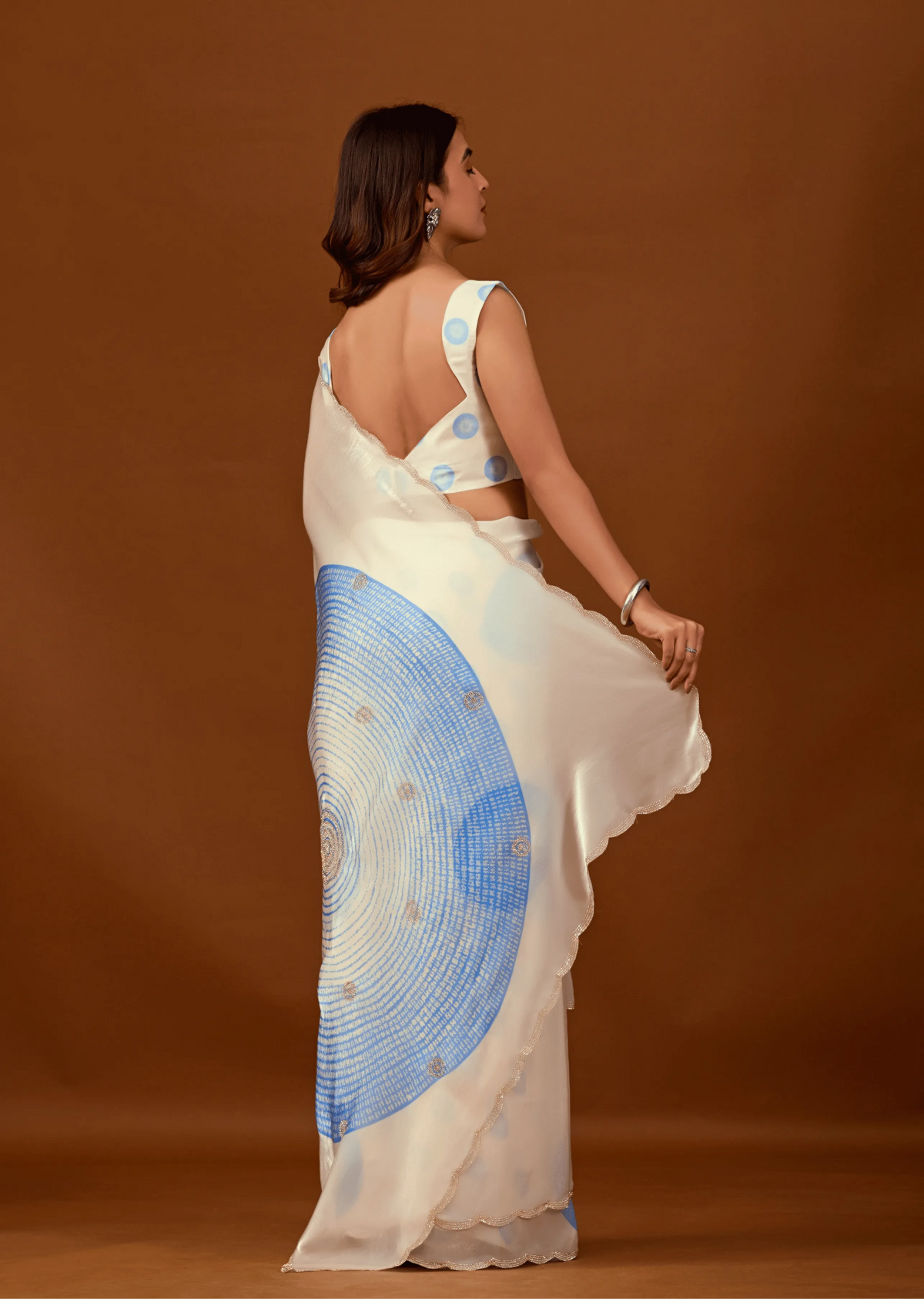 Off White Organza Silk Saree Back Pose - Foil Print Detail