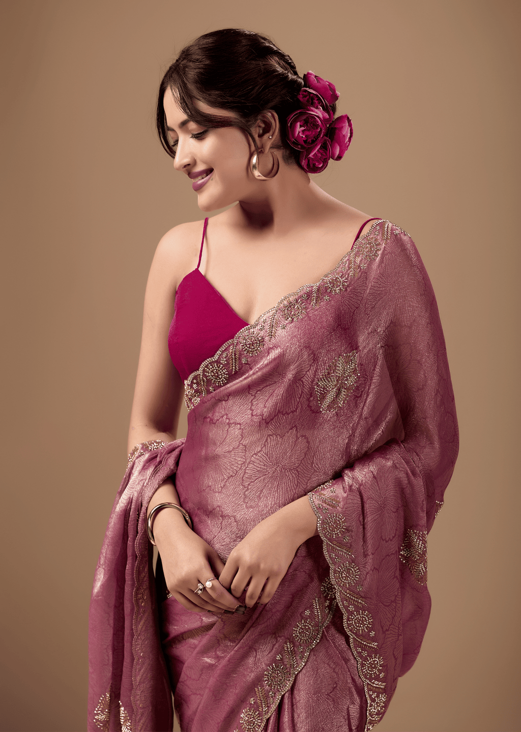 Rose Pink Jacquard Saree With Handcrafted Stone Border