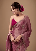 Rose Pink Jacquard Saree With Handcrafted Stone Border