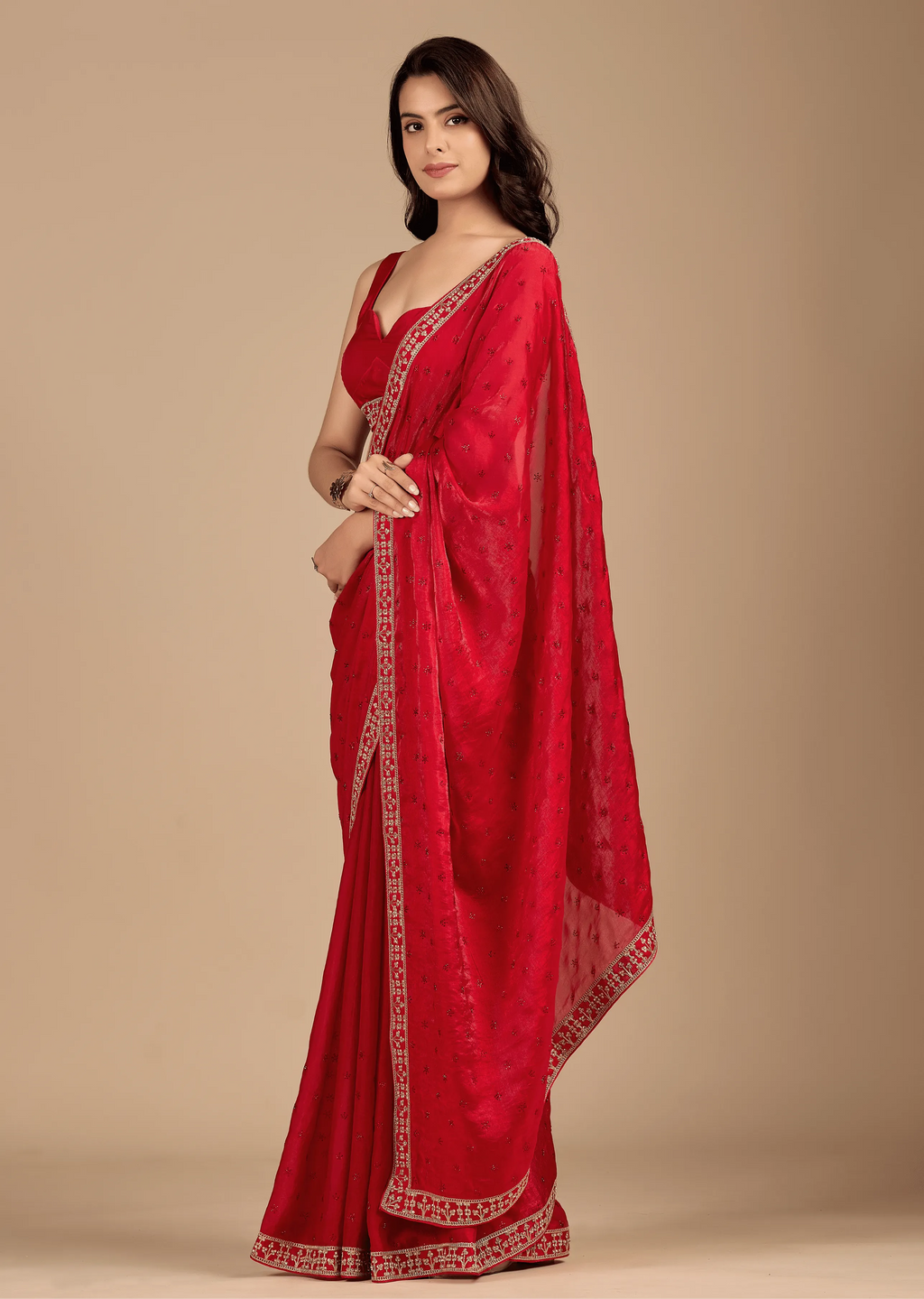 Crimson Red Tissue Silk Saree Standing Look - Festive Wear Saree