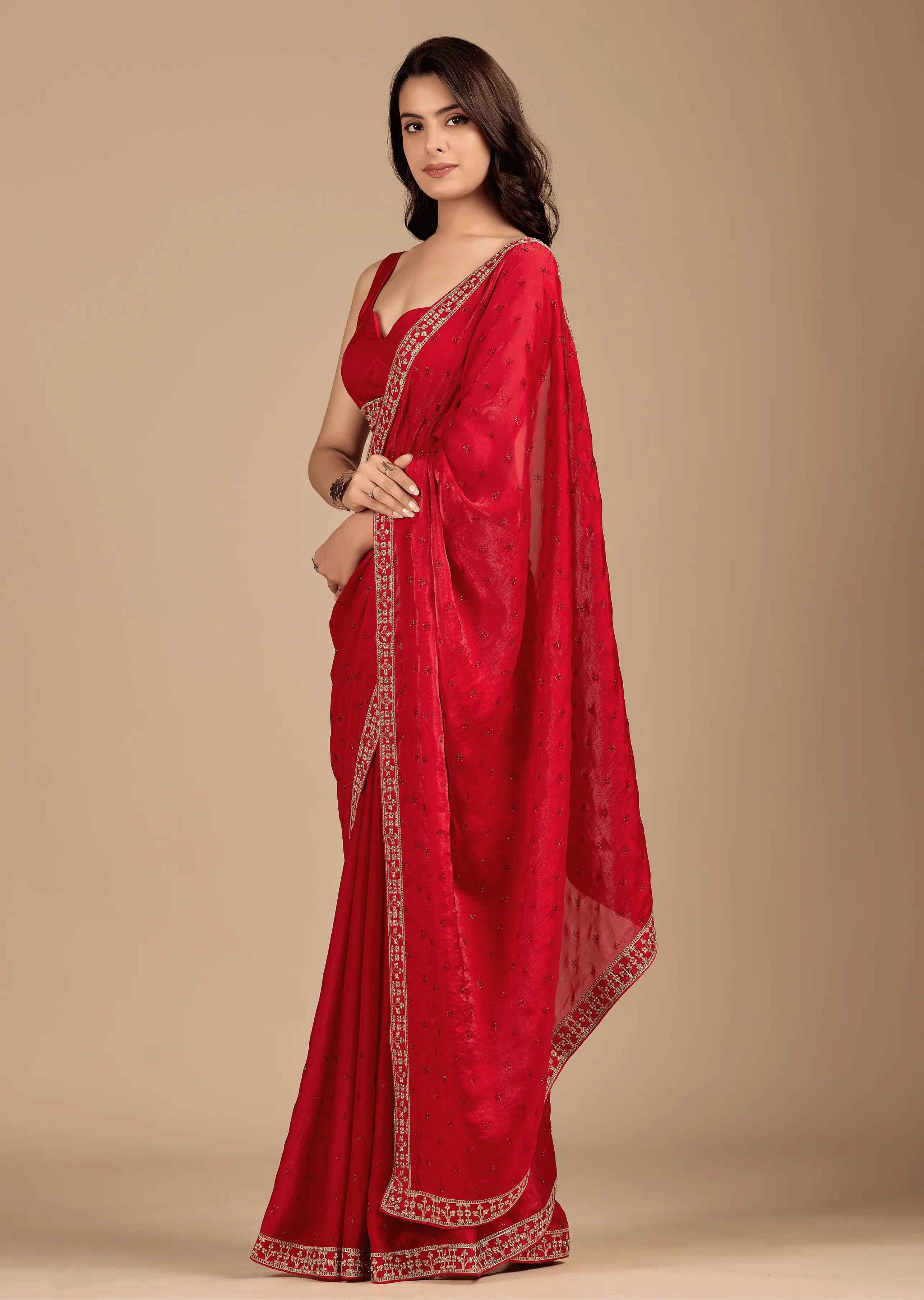 Crimson Red Tissue Silk Saree Standing Look - Festive Wear Saree