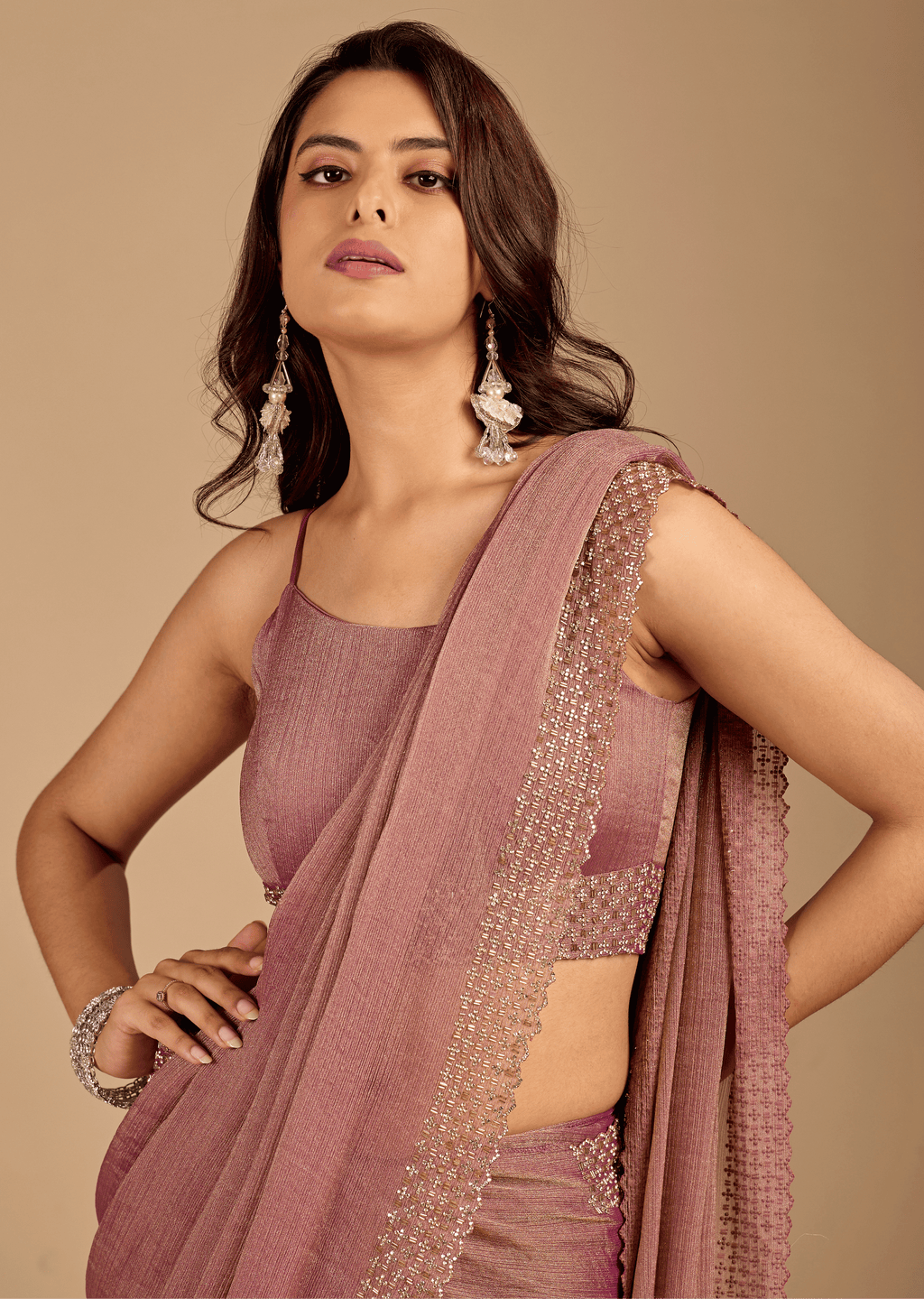 Dusty Pink Soft Silk Saree With Embellished Border