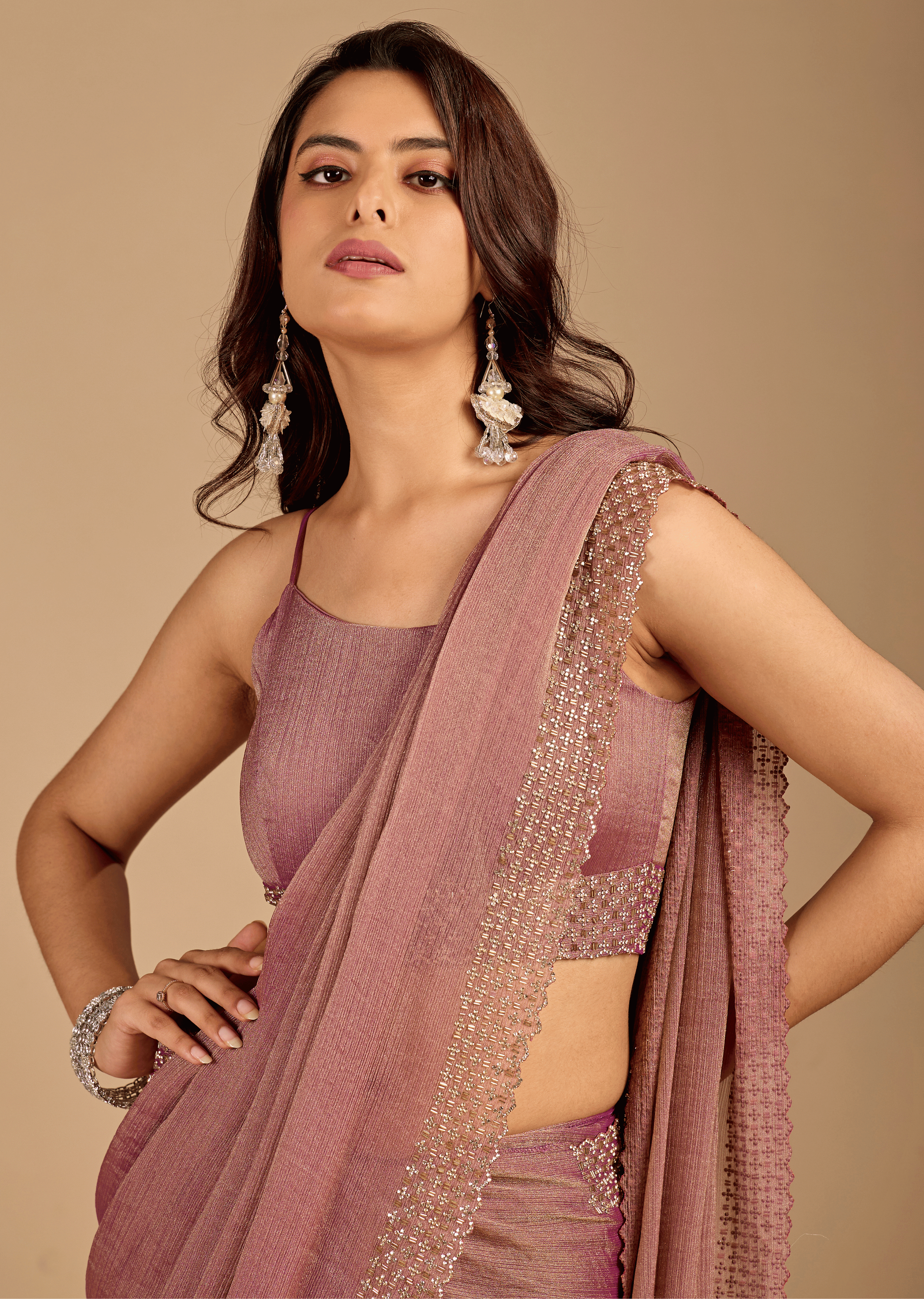 Dusty Pink Soft Silk Saree With Embellished Border