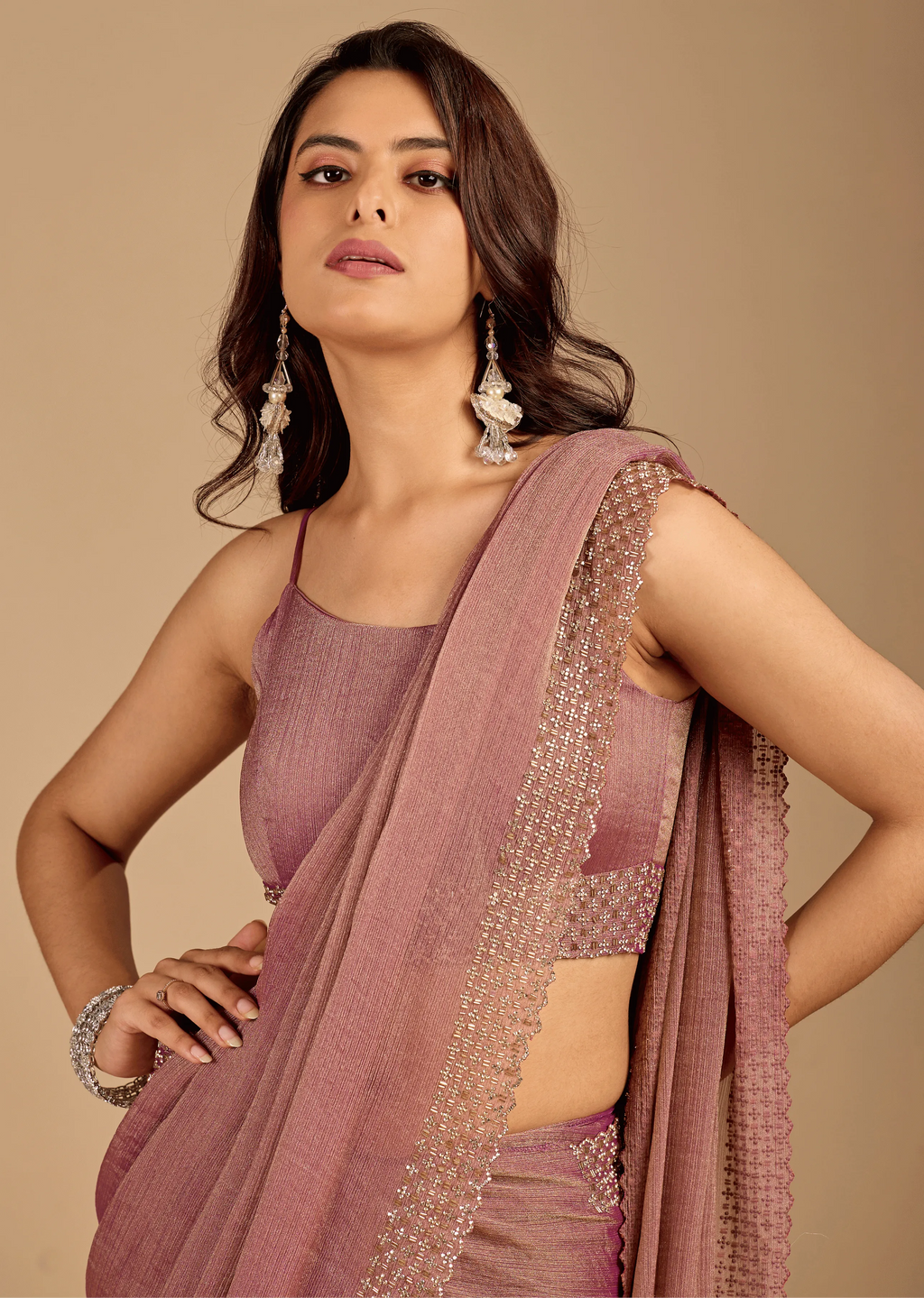 Dusty Pink Soft Silk Saree Side Pose - Festive Wear Saree