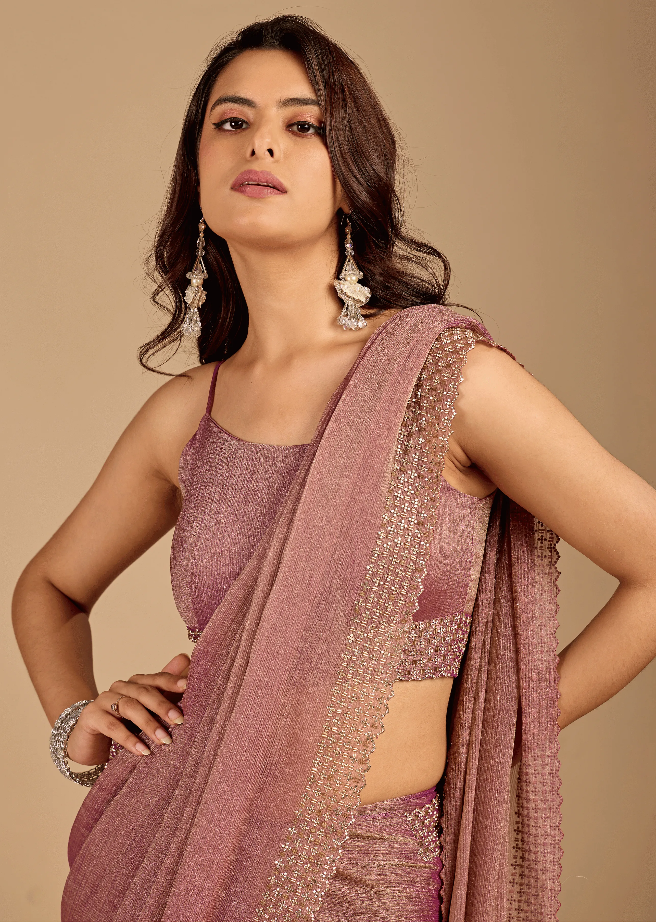 Dusty Pink Soft Silk Saree Side Pose - Festive Wear Saree