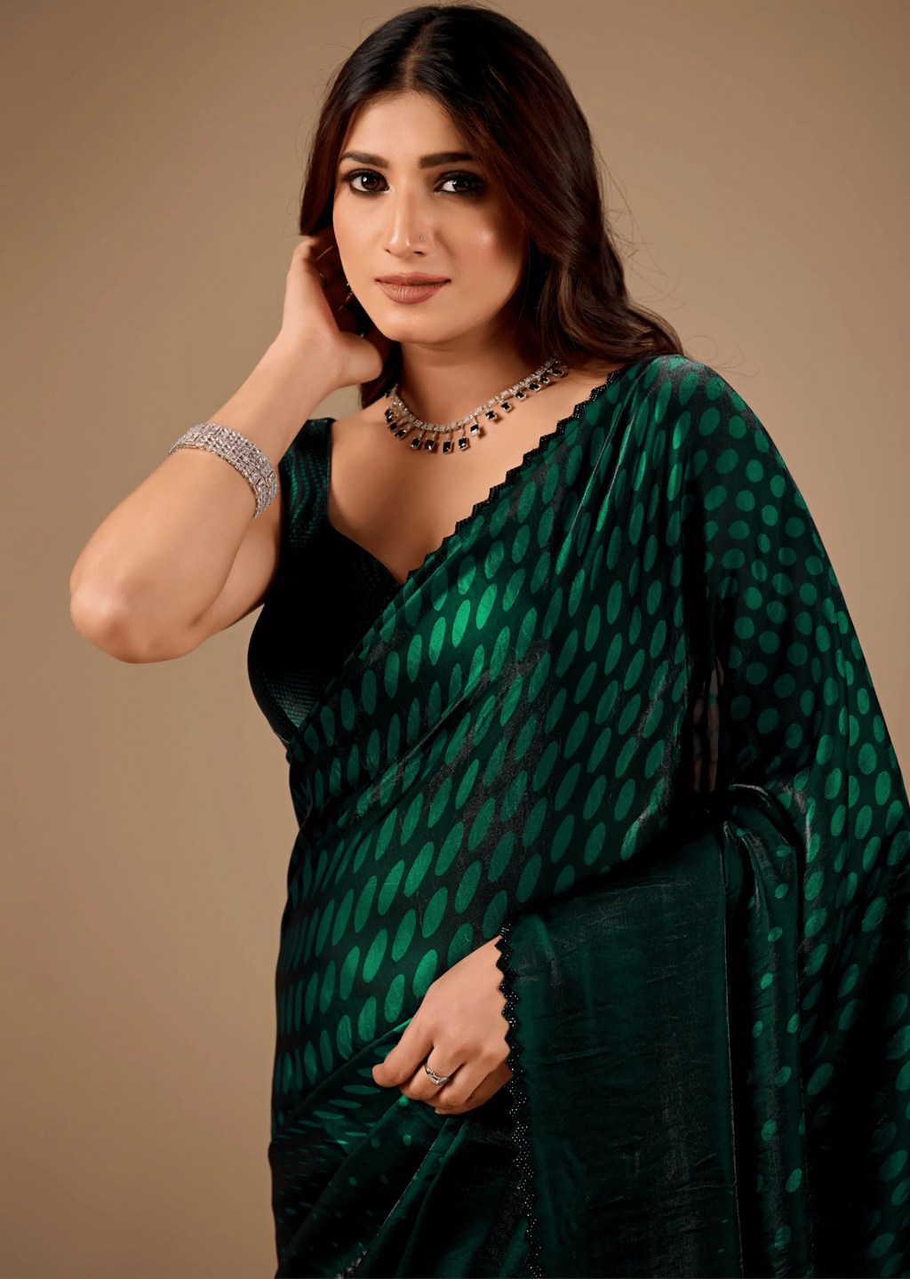 Bottle Green Organza Silk Saree Standing Look - Festive Wear Saree