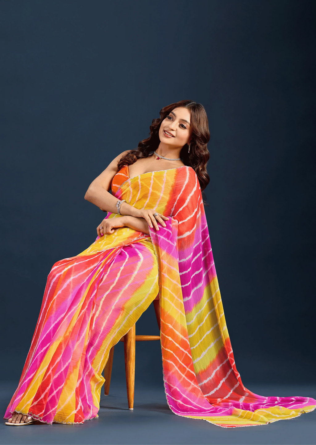 Orange Chiffon Saree With Leheriya Print