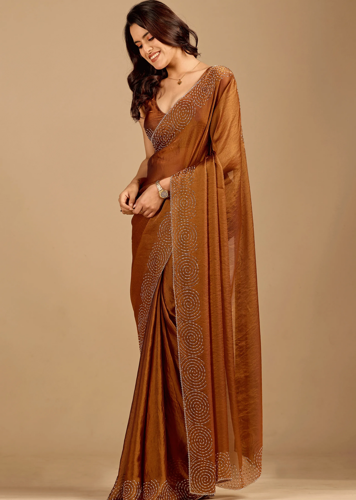 Antique Copper Tissue Silk Saree With Stone Spiral Border