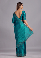 Teal Blue Tissue Silk Saree Back Pose - Stone Work Detail