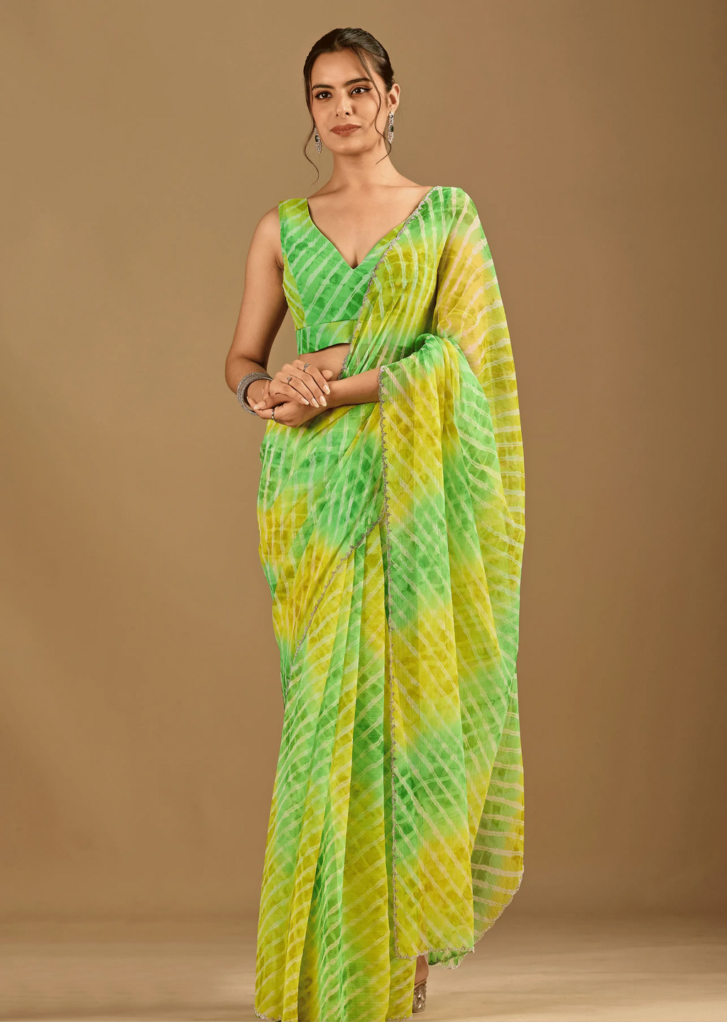 Citrus Green Chiffon Saree With Shibori Tie Dye