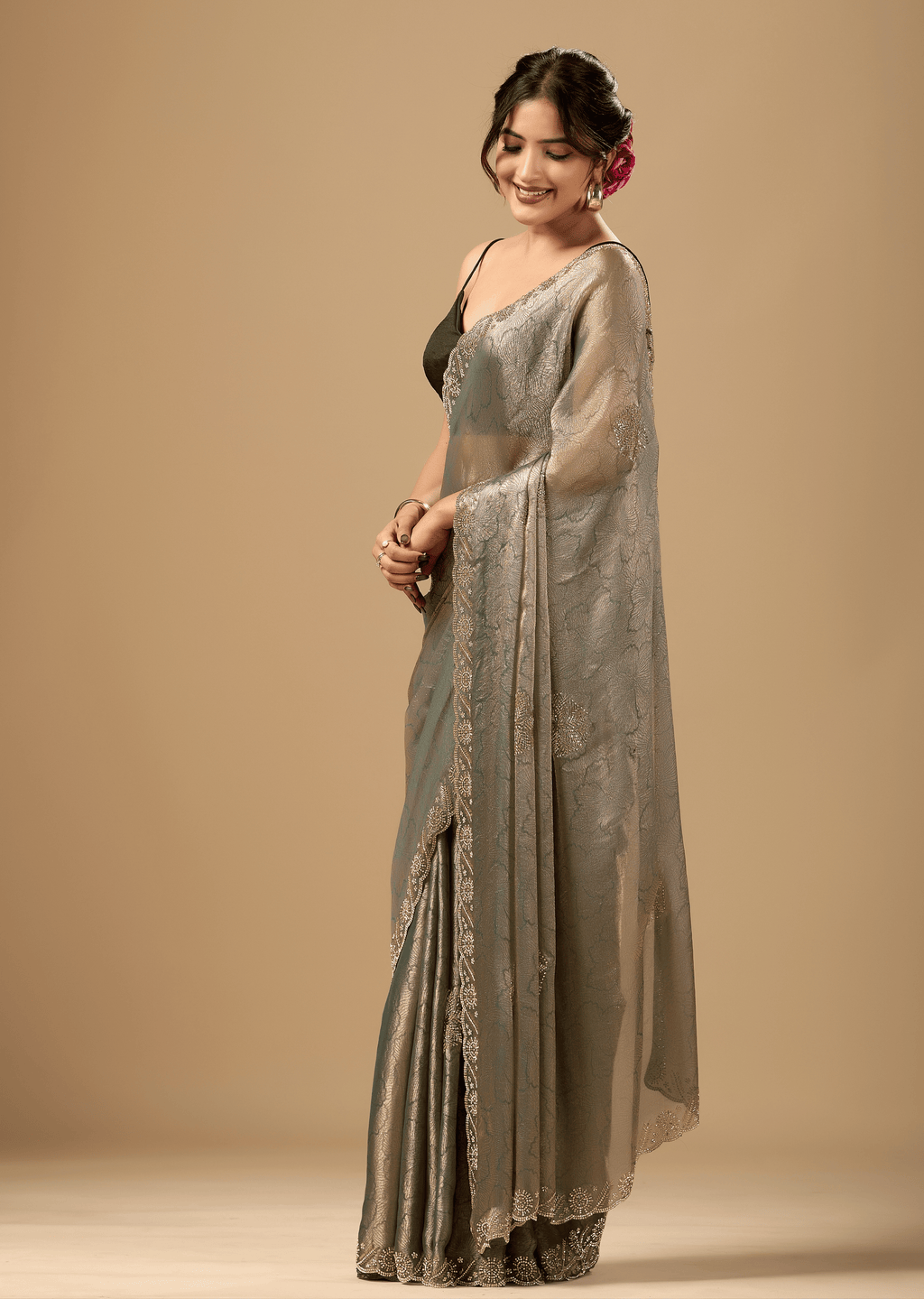 Sage Green Jacquard Saree With Crystal Stone Border