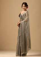 Sage Green Jacquard Saree With Crystal Stone Border