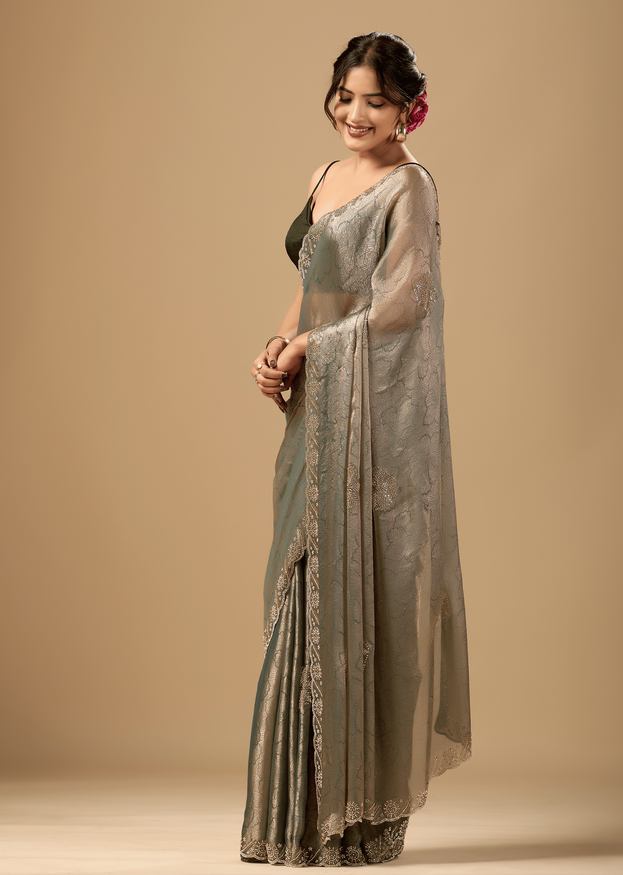 Sage Green Jacquard Saree With Crystal Stone Border