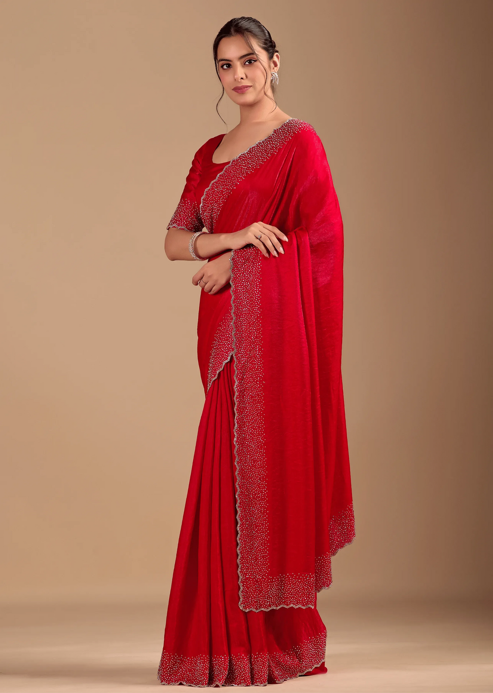 Red Tissue Silk Saree With Stone Work Border - Photo 5 | Buy Online Ethnic9