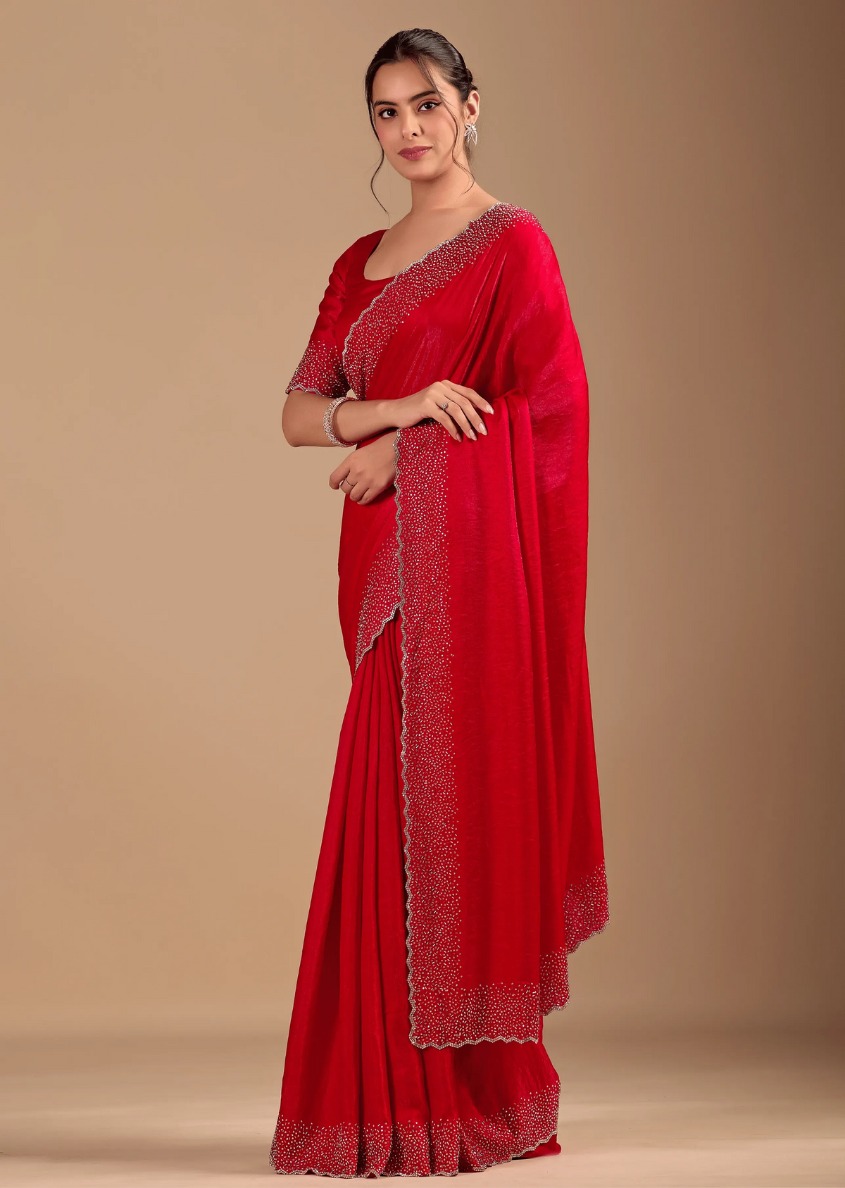 Red Tissue Silk Saree With Stone Work Border - Photo 5 | Buy Online Ethnic9